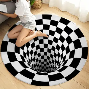 1pc 3D Optical Illusion Grid Print Round Rug, Memory Cotton Material, Non-Slip Absorbent, Suitable for Living Room Bedroom Dining Room Bathroom