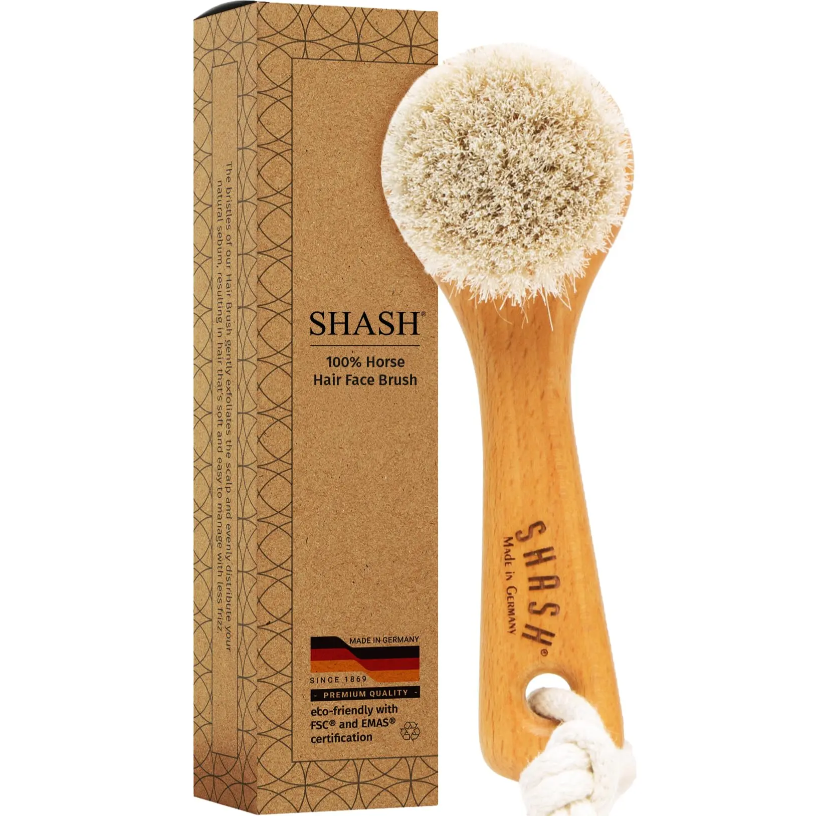 SHASH Since 1869 Hand Made in Germany - Sustainable Exfoliating Face Brush, Scrub Cleansing Brush, Exfoliates Skin to Help Reduce Flaking, Supports Glowing Complexion (Medium Horse Hair Bristle)