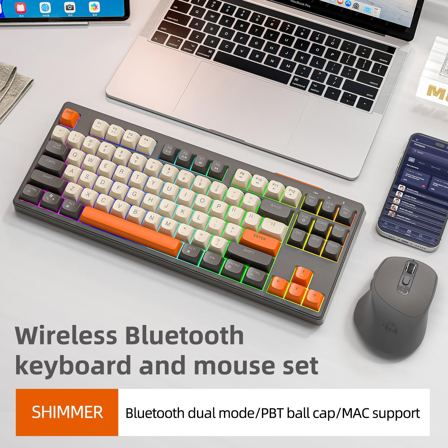 Wireless Bluetooth Keyboard & Mouse Combo – 87 Keys Mini RGB Backlit, Silent Click, Rechargeable, Dual Mode for Laptop, PC & Tablet