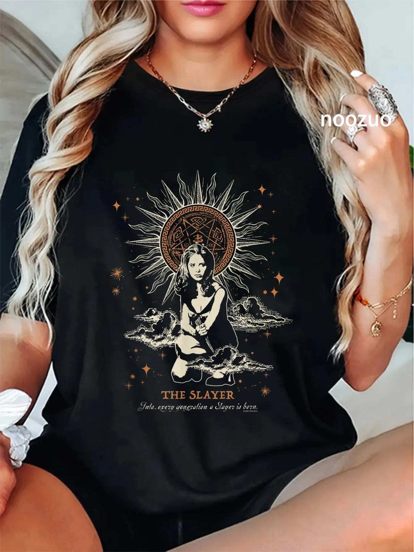 Women's Graphic T-Shirt, Vintage Buffy The Slayer Tarot Card Print, Distressed 100% Cotton Top with a Casual Fit for Everyday Wear, Streetwear, Supernatural Aesthetic, Short Sleeves, Distressed Edge, Tshirt, Bold Graphic Tee, Tarot Print
