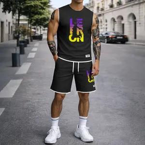 Men’s Basketball Gradient Letter Graphic Print Summer Set Sleeveless Tank Top & Shorts Matching Outfit, Lightweight Casual Streetwear Athletic Set for Everyday & Holiday