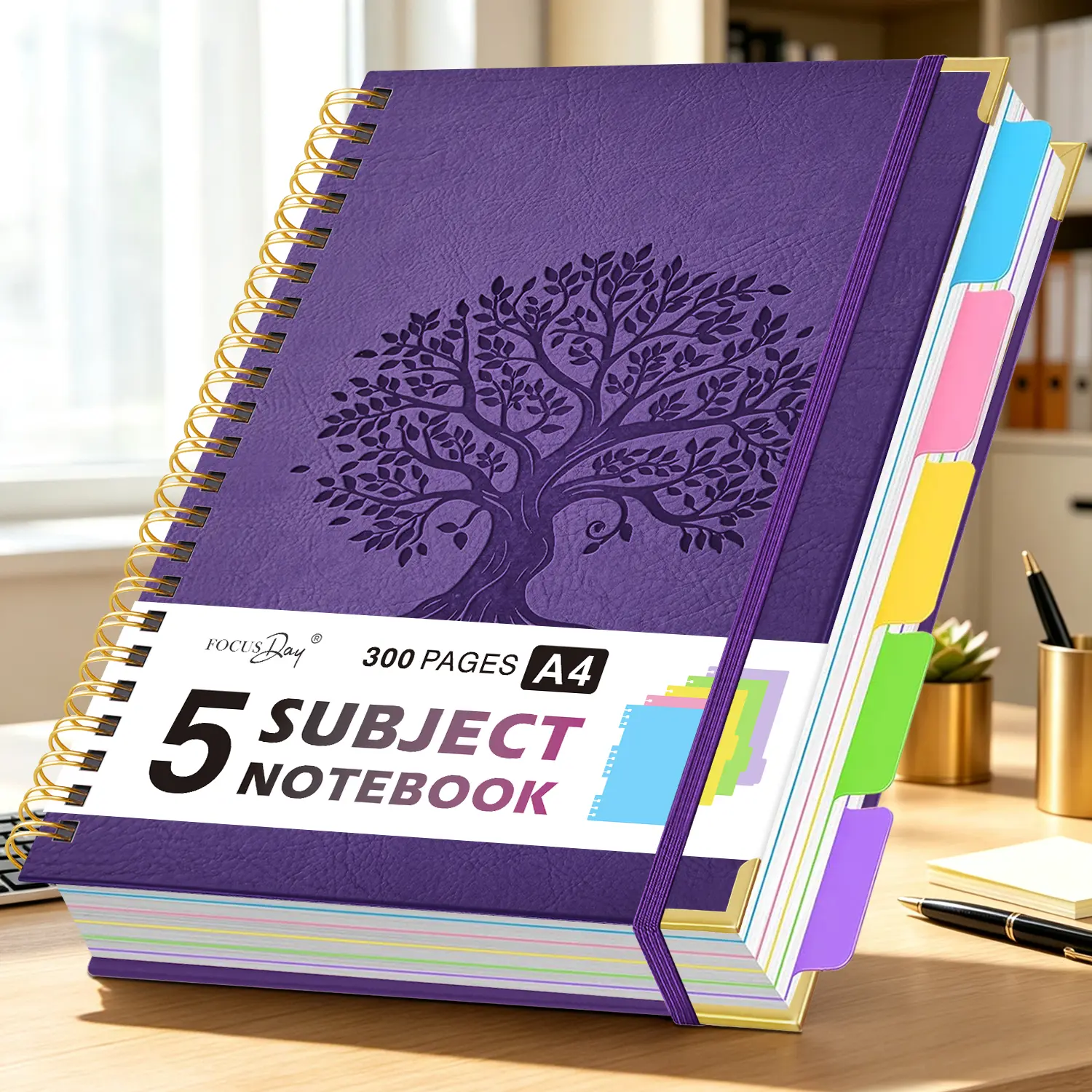 Hardcover Spiral Notebook 8.5" x 11", 5 Subject Notebook College Ruled with Removable Dividers Tabs, 300 Pages 100GSM Thick Paper, Inner Pocket, Large A4 Lined Journal Notebook for School Supplies