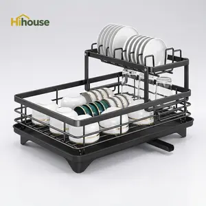 2-Tier Self-Draining Stainless Steel Dish Drying Rack, Heavy-Duty Dish Drainer with 360° Swivel Spout, Space-Saving Countertop Kitchen Organizer for Small Spaces