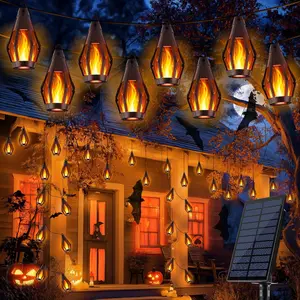 Halloween Decor Outdoor Solar String Lights, equipped with 10,15 flickering flame bulbs, waterproof warm color/purple solar outdoor lights, suitable for gardens, patios, gazebos, pubs, cafes, parties, and Halloween.
