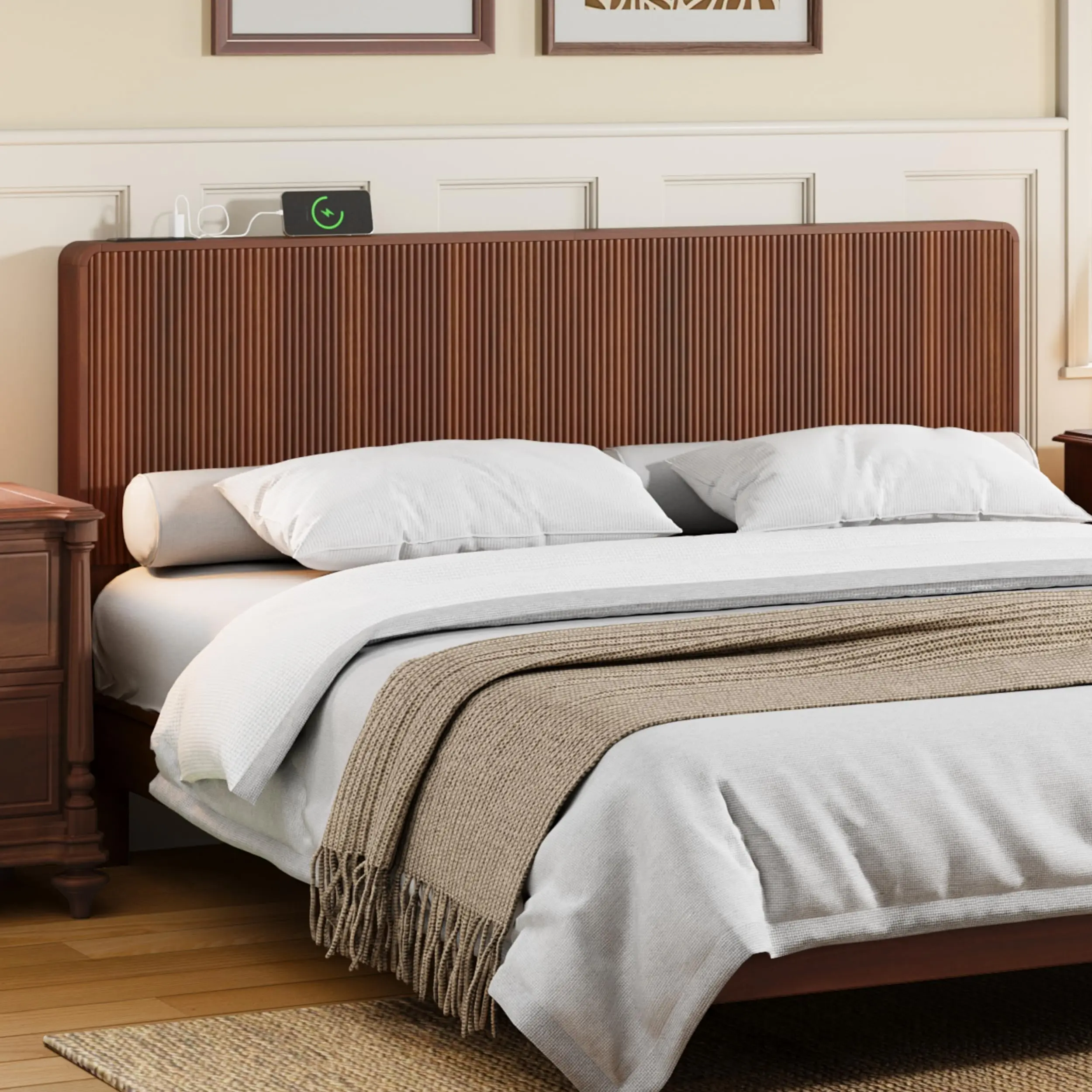 Giratree Wood Fluted Headboard King Size, Mid Century Modern King Headboard Only, Wall Mounted Headboard with 2 Outlets and USB & Type C Port, Curved Wooden Bed Headboards, Stylish Bedroom Decor