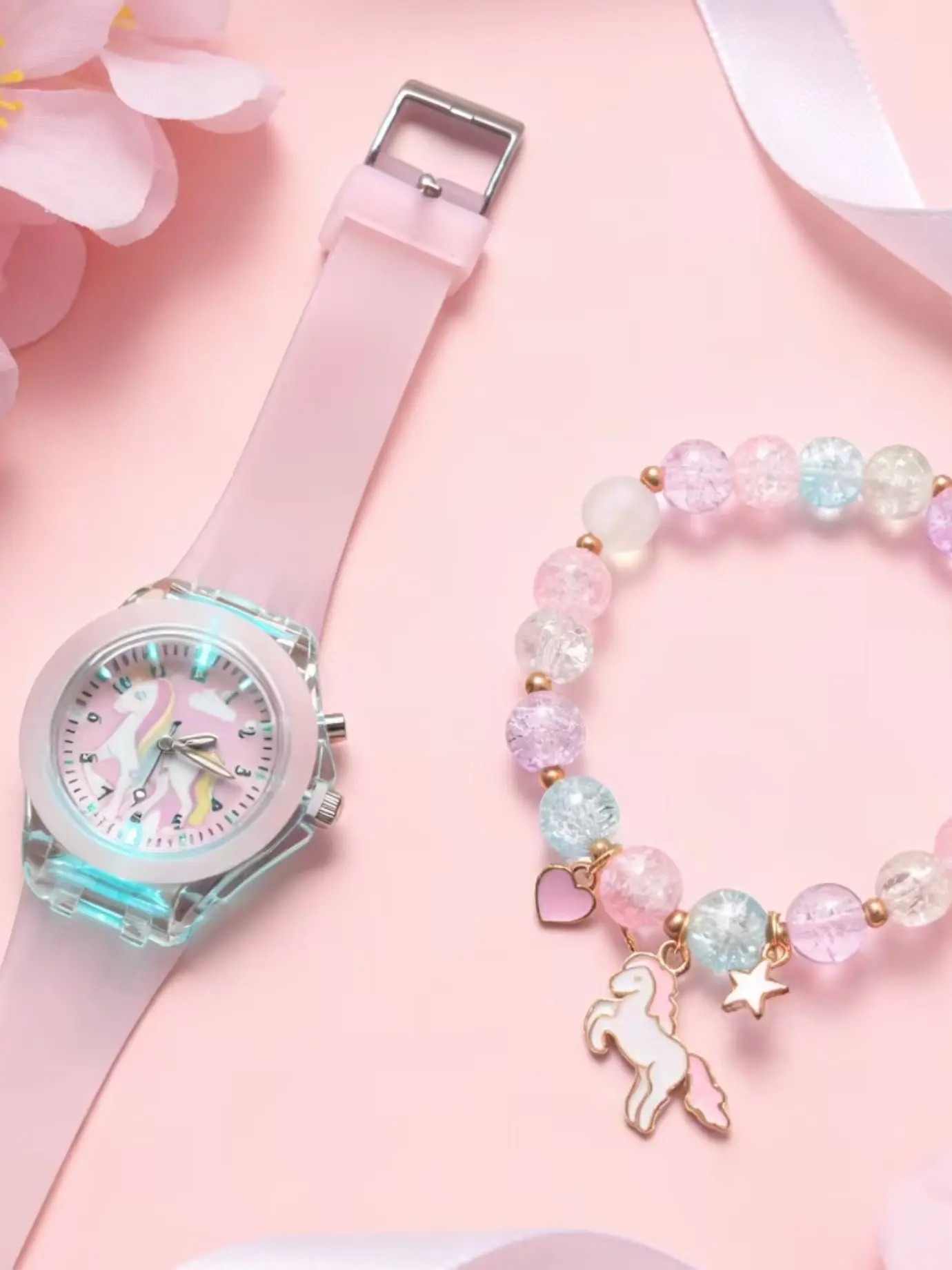 Cute Unicorn Wrist Watch Set, Girly Child Watch for Boys & Girls, Includes Luminous Quartz Watch and LED Beaded Bracelet, Perfect Christmas Gift