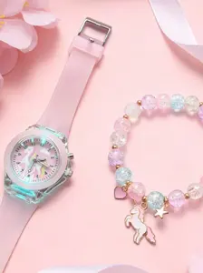 Cute Unicorn Wrist Watch Set, Girly Child Watch for Boys & Girls, Includes Luminous Quartz Watch and LED Beaded Bracelet, Perfect Christmas Gift