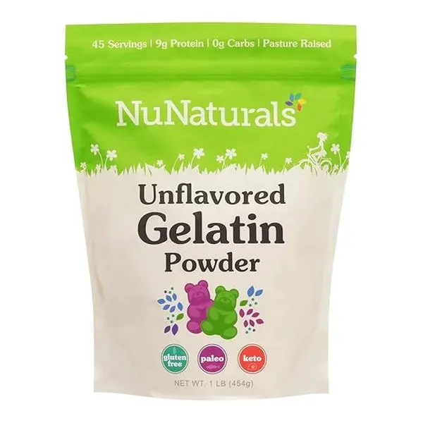 NuNaturals Unflavored Beef Gelatin Powder, Grass Fed, Pasture Raised, 1 lb