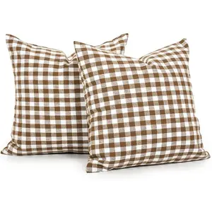 Farmhouse Brown and White Gingham Plaid Pillow Covers 18 in x 18 in, Set of 2, Khaki Checkered Pillow Covers 18 in x 18 in, Outdoor Buffalo Plaid Decorative Throw Pillows (No Pillow Inserts)