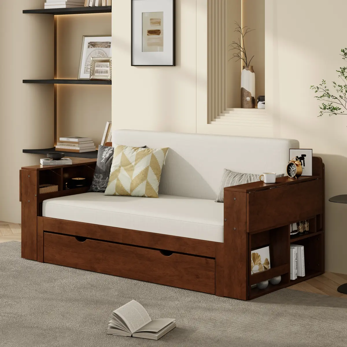 Full Size 4-in-1 Multifunctional Daybed Bed Frame - Removable Desk, Storage Drawers, Hydraulic Side Table - Space-Saving Indoor Furniture for Small Spaces (Espresso)
