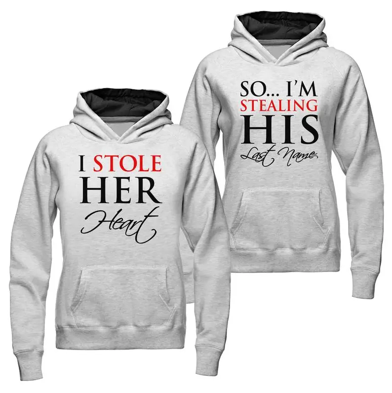 I Stole Her Heart & I’m Stealing His Last Name Couple Hoodies | Trendy Matching Streetwear for Fall – Cozy Unisex Cotton Pullover, Stylish Casual Autumn Outfit for Lovers, Comfortable Romantic Gift Idea Prints Sweatshirts