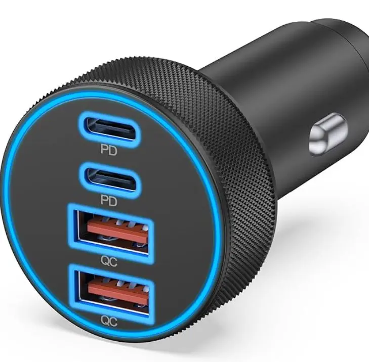 90W 4-Port USB-C Car Phone Charger - Dual 45W & USB-A Fast Charger with Metal Housing, PD+QC Multi-Device Adapter for US Smartphones, Laptops, GPS Navigation, Overheat-Safe Chip Protects from Shorts
