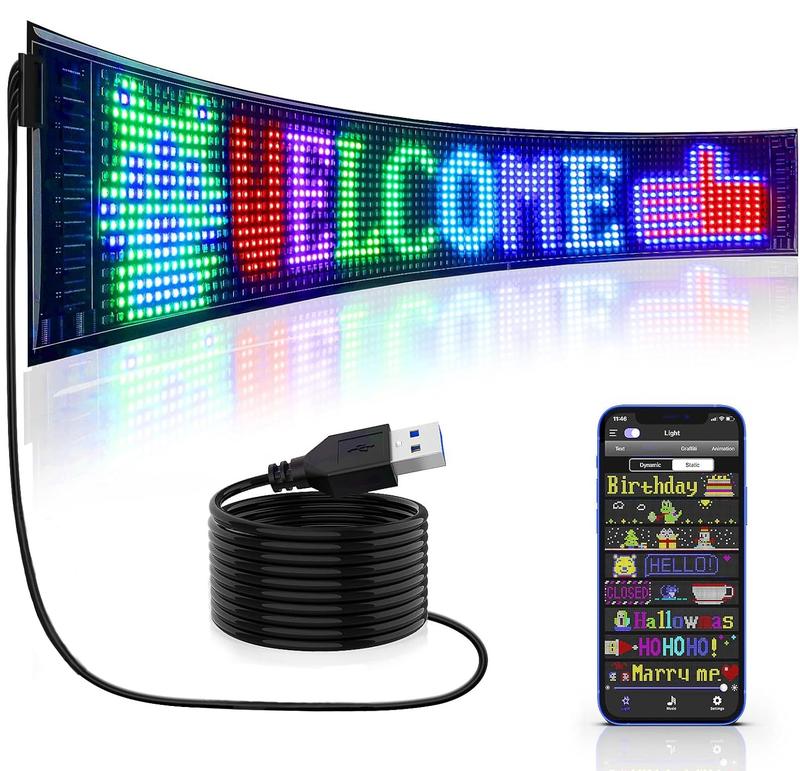 LARGE SIZE Scrolling Huge Bright Advertising LED Light Signs，Flexible USB 5V LED Store Sign， Bluetooth App Control，Custom Text Pattern Animation Programmable Display，for Store Car Bar Hotel，3 sizes