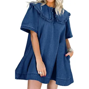 FMEYOA Womens Summer Denim Mini Dress Oversized Peter Pan Collar Short Sleeve Casual Flowy Babydoll Jean Dresses