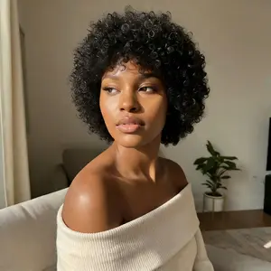 Glueless Wigs Human Hair Short Afro Kinky Curly Natural Black Color Wigs for Women Human Hair Put on & go Soft and Fluffy Glueless Wigs 70s 80s Hair Kinky Curly Wig Cosplay or Daily Use Wigs 180% Density Pixie Curl Afro Wig Allofbob Wig