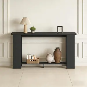 [Fahuac] Distressed Black Behind-Couch Table, 63-Inch Narrow Console Table with Lower Shelf, Rustic Entryway Hallway Sofa Table for Living Room, Home Office