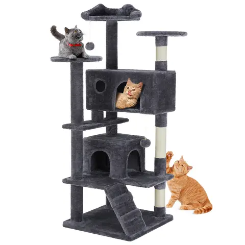 Sweetcrispy 3-Tier Small Striped Space-Saver Cat Tree Tower - 54in Tall Indoor Polyester Fiber Cat Furniture, 50x50cm Footprint, Natural Sisal Vertical Scratcher, Climbing Ladder, Plush Toy, Chew Resistant, Wall-Lock Stability Anti-Tilt Device