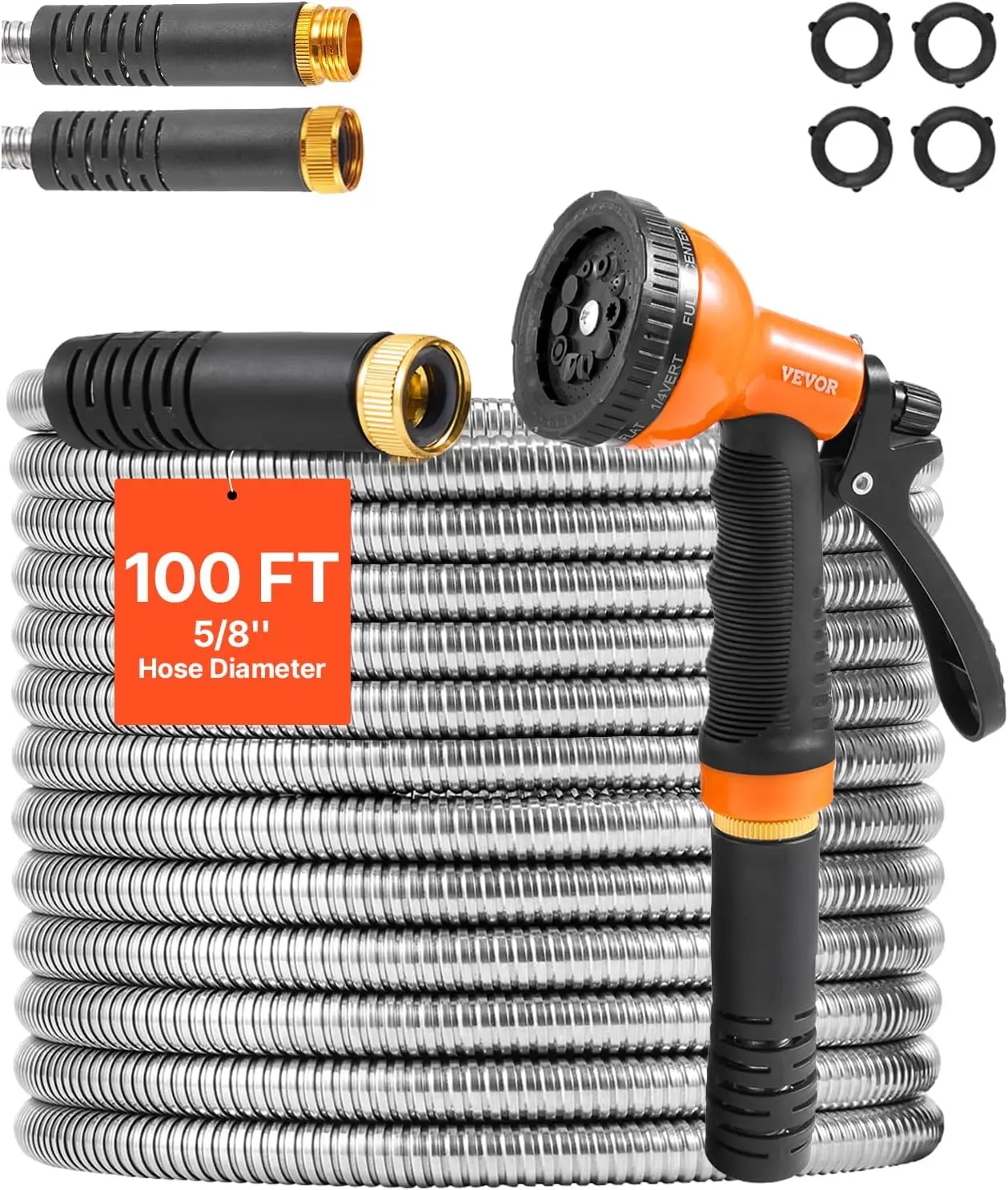 VEVOR 100FT Stainless Steel Flexible Coil Garden Hose - Heavy Duty, No Kink, No Tangle, Puncture Proof, Rust Proof, Lightweight with 10-Function Spray Nozzle for Outdoor Yard Gardening