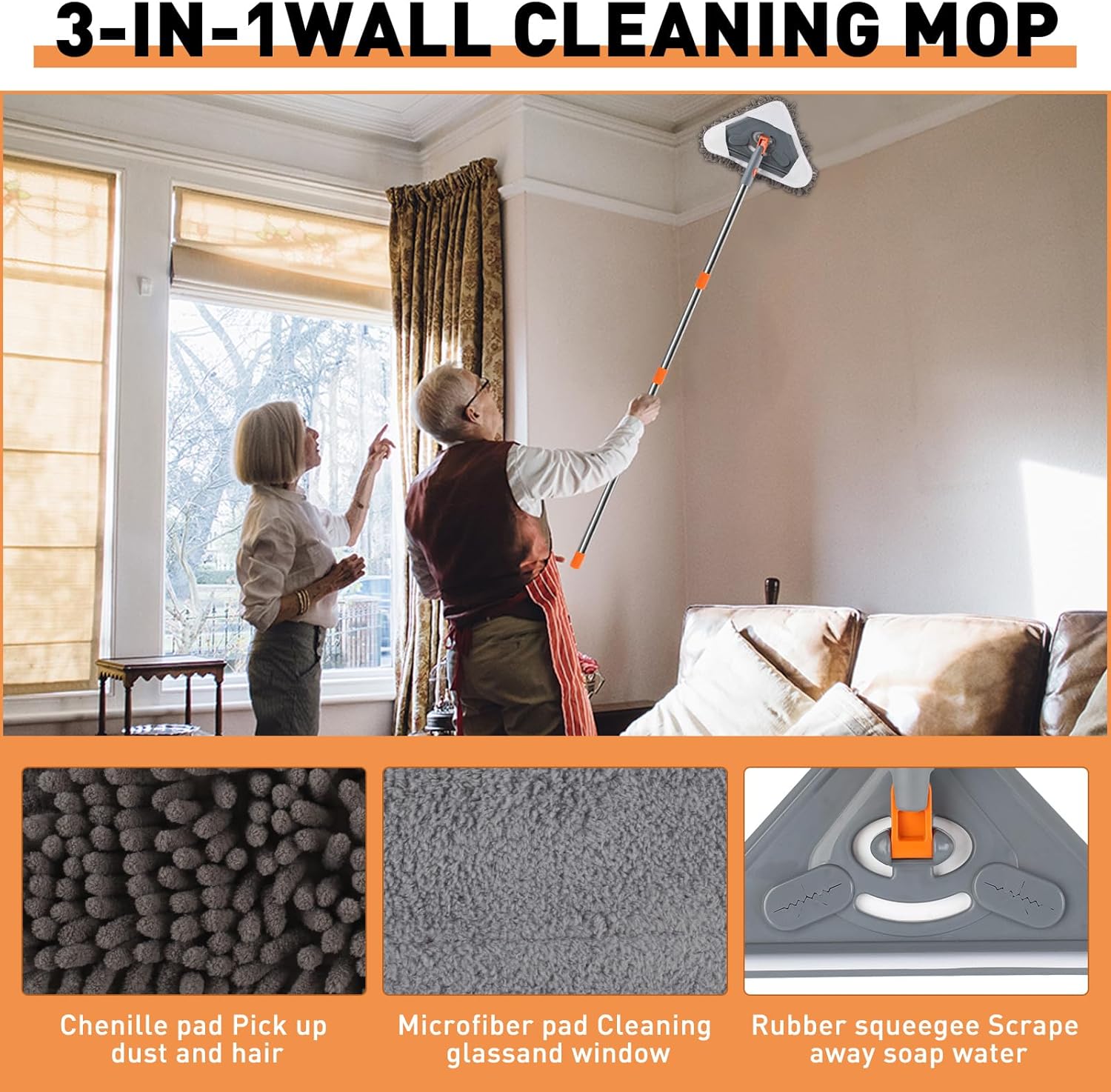 Wall cleaner with long handle, adjustable length wall mop with a 360° rotating head—cleaning tool for walls, ceiling fans, floors, baseboards, dust, and general kitchen cleaning; includes 6 replacement pads and 1 silicone squeegee.