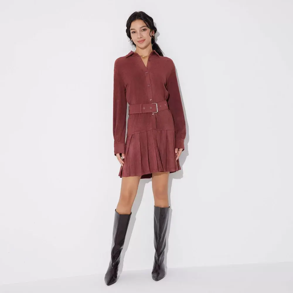 Women's Long Sleeve Suede Mini Shirtdress - Wild Fable