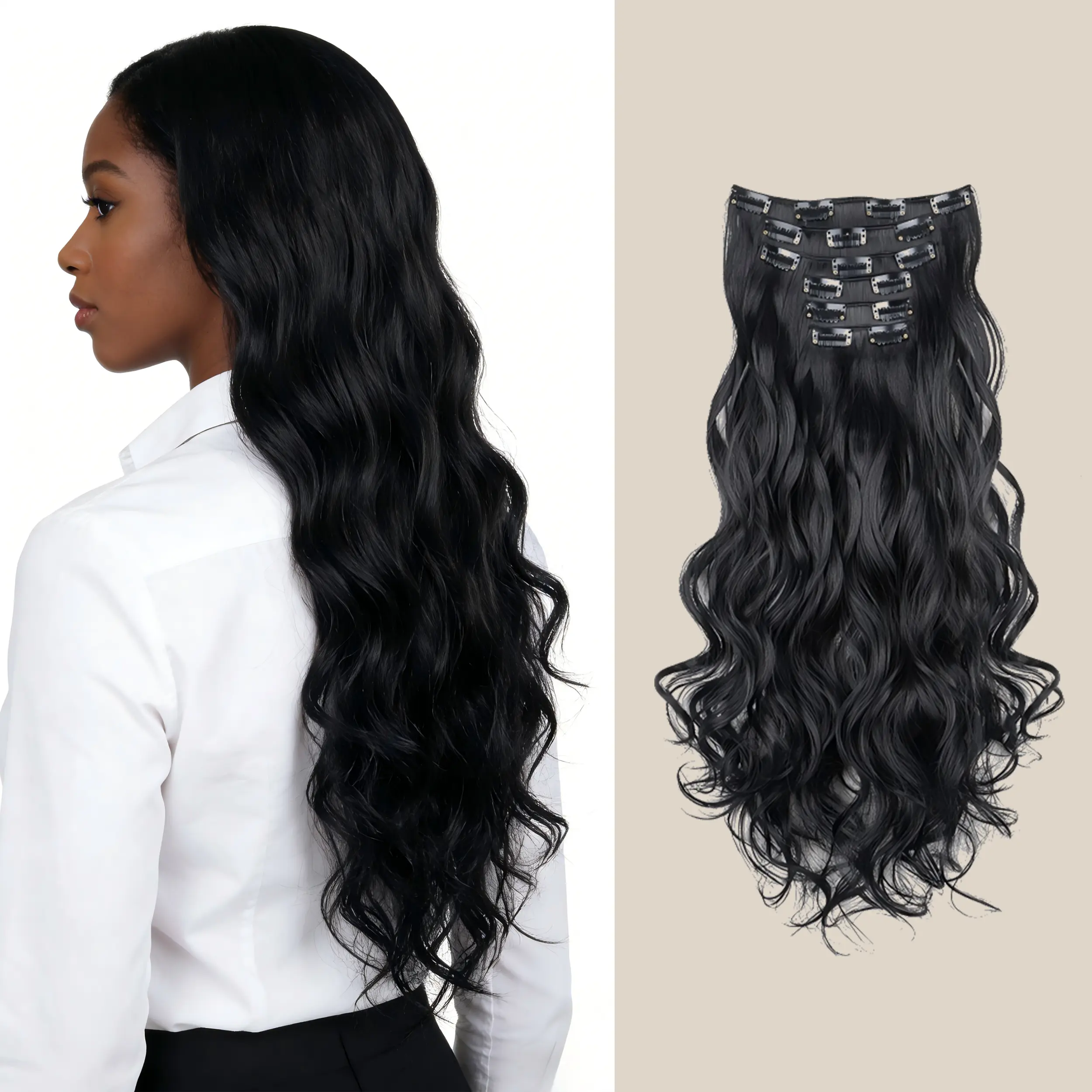Miniso 24" Long Wavy Seamless Clip Ins, 6-Piece Synthetic Hairpiece Set for Natural Volume and Length, Clip Hair Extensions, Curly Wave, Dark Brown (2#), Invisible Clips