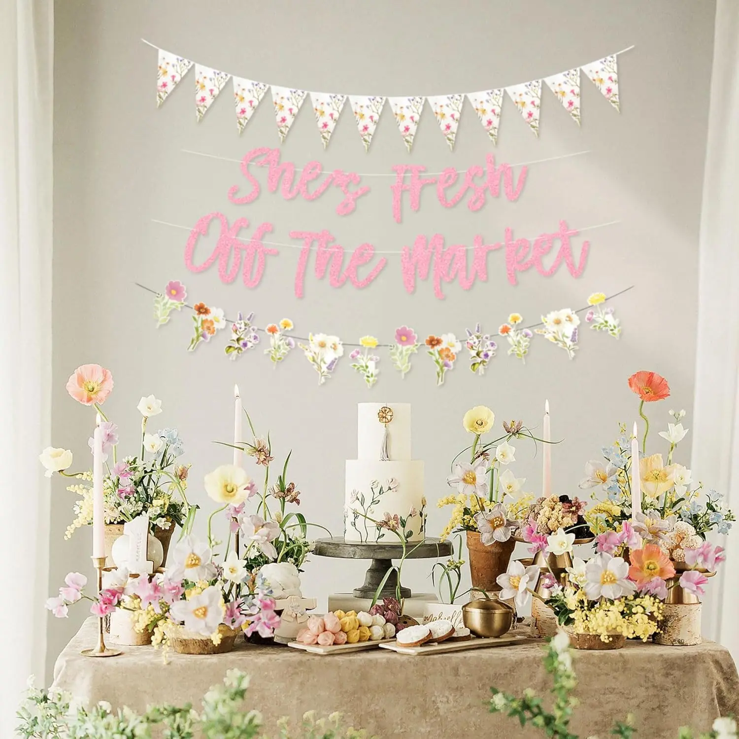 Pink Floral Wildflower Banner Garland, Farmers Market-Themed Bridal Shower Decorations, Festive Party Photobooth Prop for Wedding Celebrations Event Props Sunflower