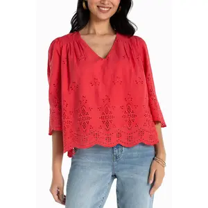 3/4 Sleeve V Neck Eyelet Woven Top (Liverpool)