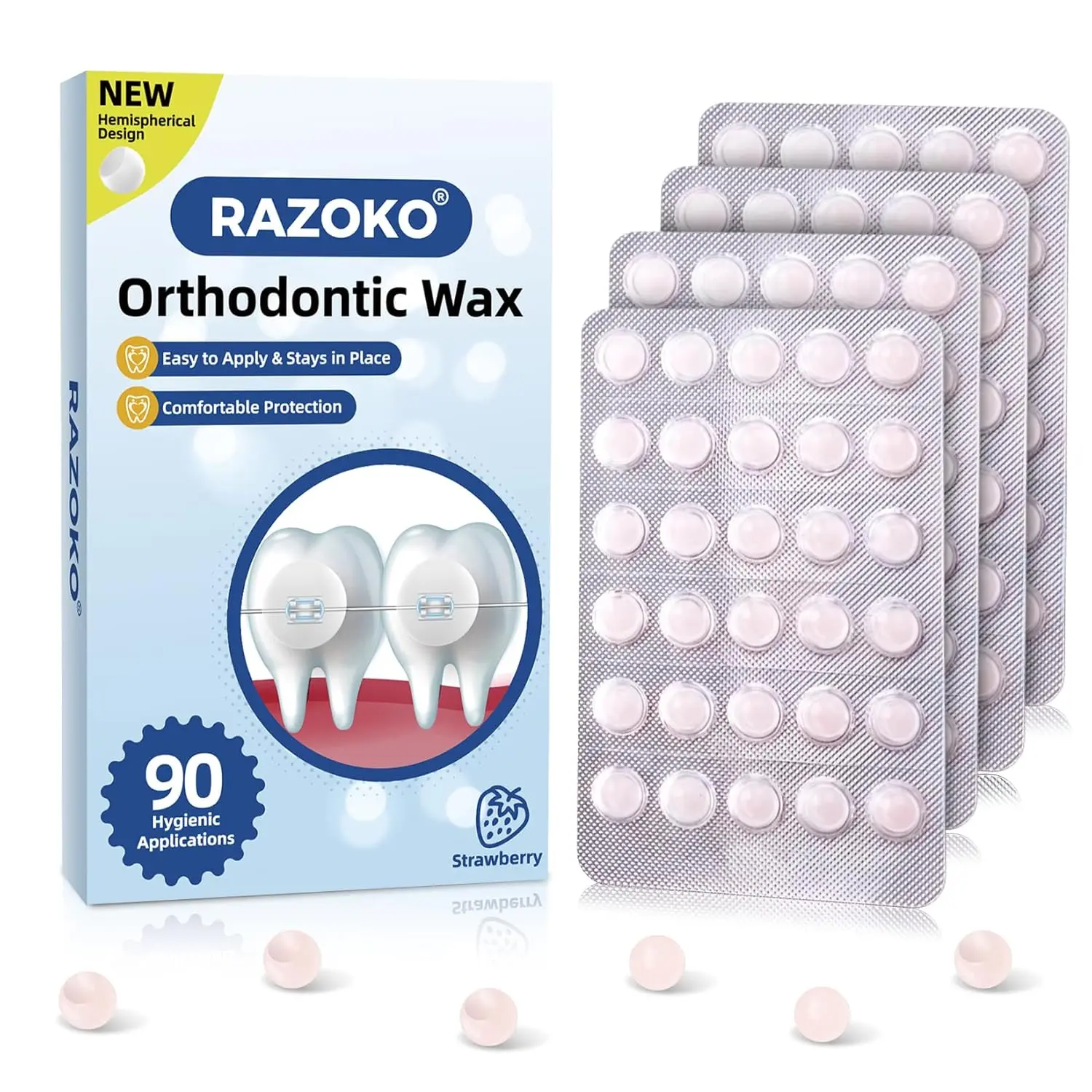 RAZOKO Orthodontic Wax - 90 Pre-Cut Individual Dots, Daily Strawberry Scented for Braces, Brackets & Aligners, Oral, Single Item, 90 Count(Pack Of 1), Smooth Protection, Daily Care