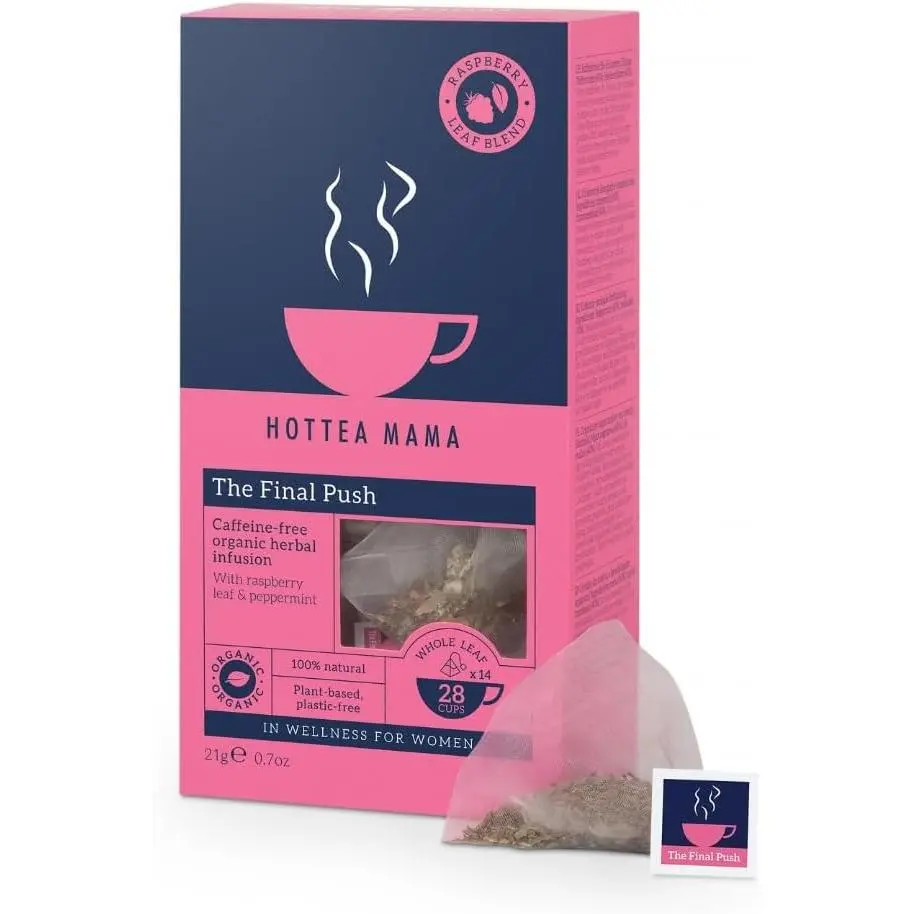 HOTTEA MAMA | The Final Push | Organic Raspberry Leaf and Peppermint Pregnancy Tea Blend | Caffeine-Free | 14 Whole-Leaf Biodegradable Tea Bags (28 Cups)