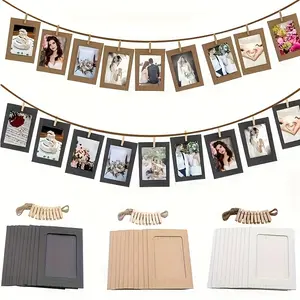 Included 10pcs Paper Photo Frames and 10pcs Clips and 1pc Hemp Rope, Vintage Cowhide Hanging Paper Black Photo Frame, Flag Banner with Twine Clip Home Decor Party Decor, Square Frame