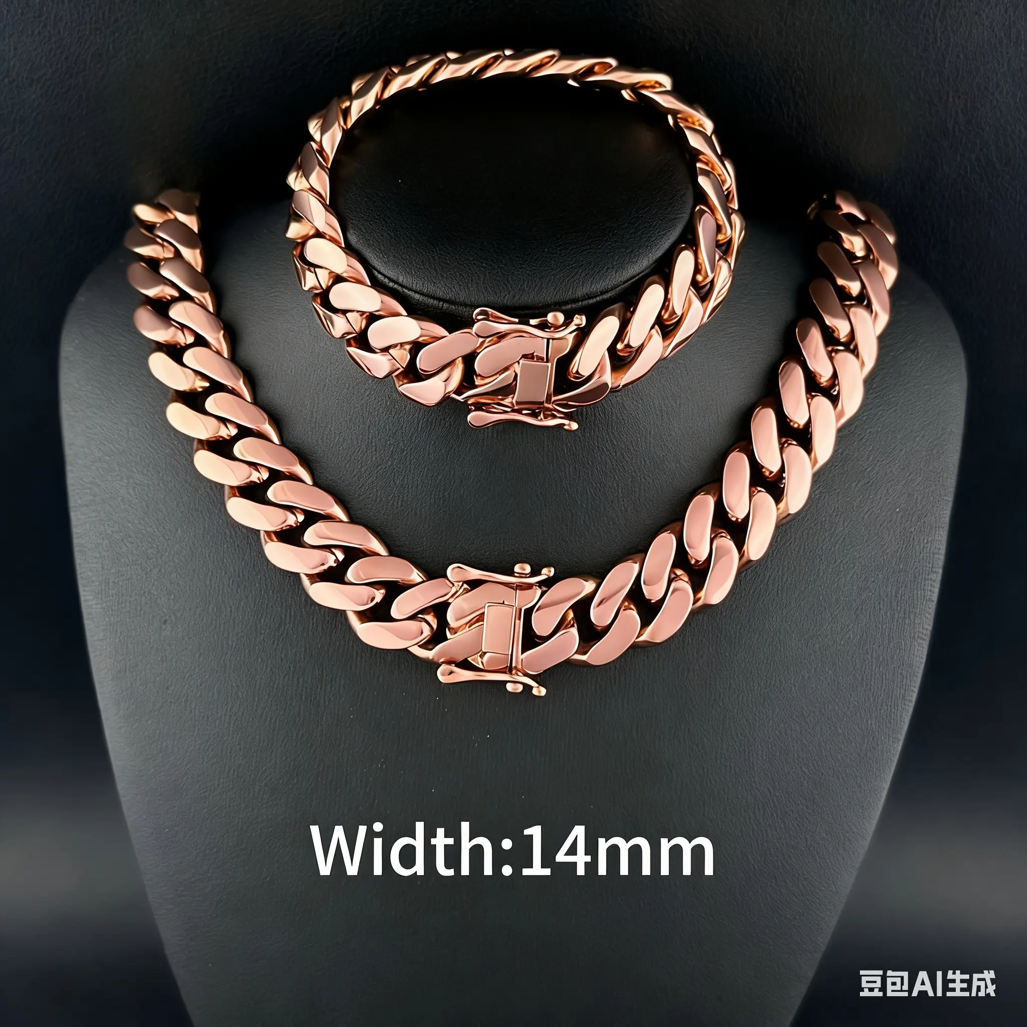 1pc of Premium Rose Golden Miami Cuban Jewelry with a Width of 14Mm, Made from 316L Stainless Steel That Is Waterproof, Fade-Resistant, And Hypoallergenic. This Stylish Hip Hop Punk Bracelet And Necklace Set Is Perfect for Both Men And Women