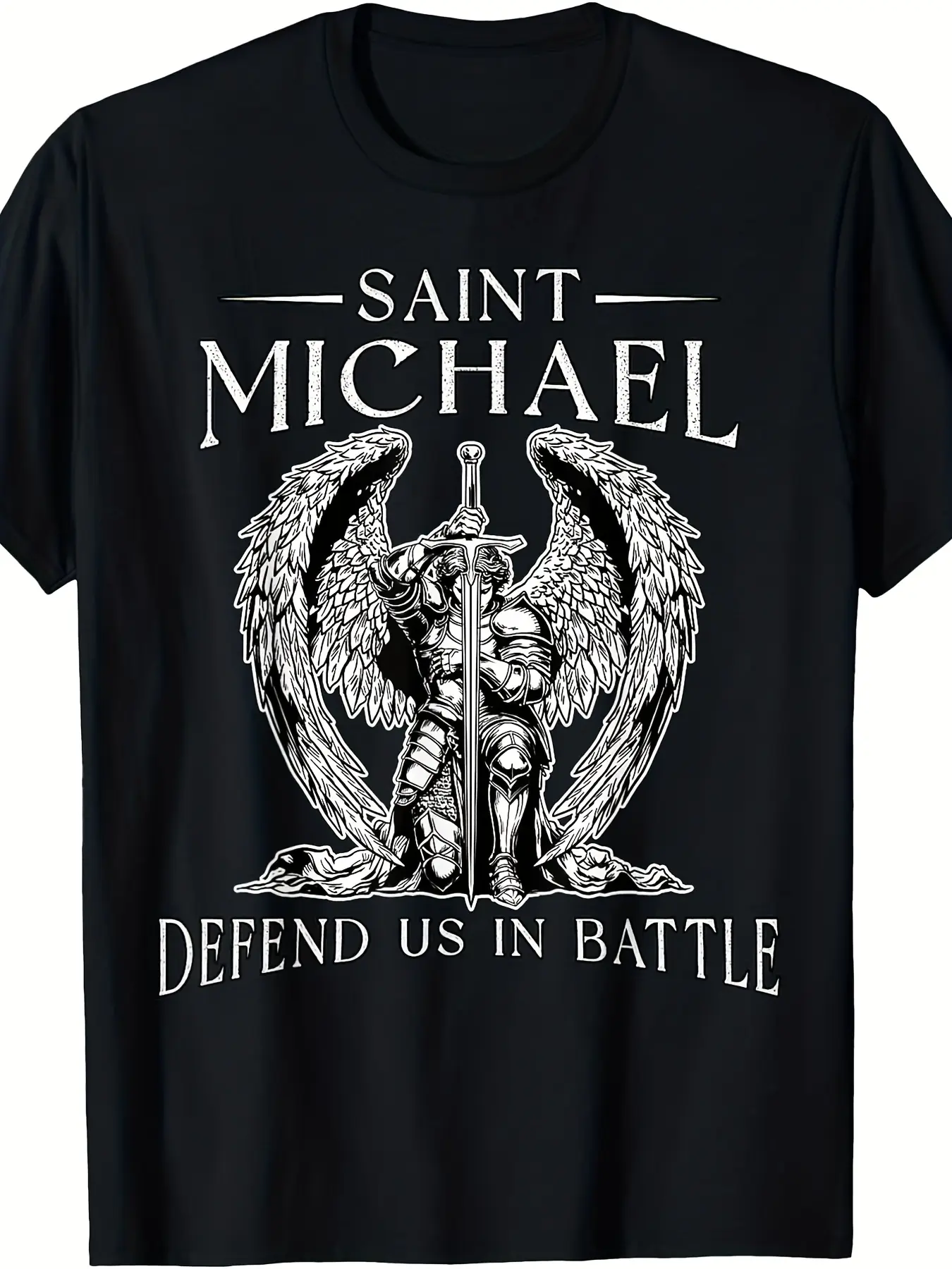 Men's Vintage Saint Michael Defend Us In Battle Archangel Catholic Christian Faith Casual Unisex Crewneck T-Shirt, Soft Breathable Classic Fabric Top for Outdoor Wear, Shortsleeve