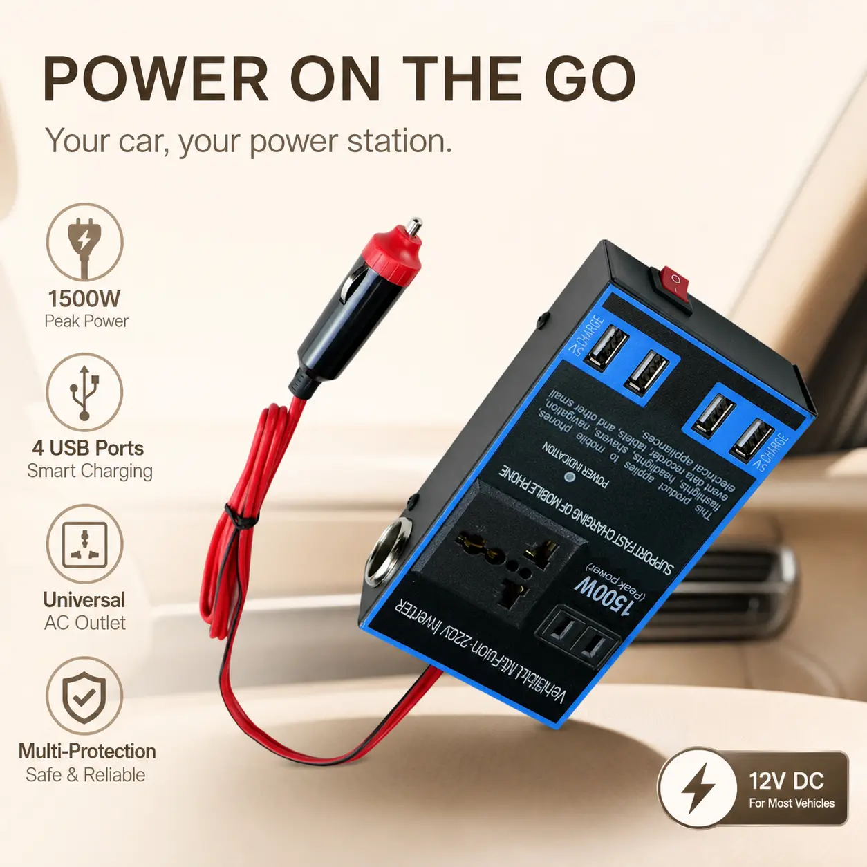 DC 12V 24V to 220V Car Power Inverter 1500W Peak, Outdoor Camping Multi-Function Vehicle Power Converter with Multiple USB Ports
