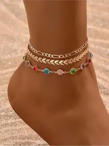 3pcs/Set Fashion Multi-Layer Gold Anklet, Charming Women Beach Party Sparkling Colorful Crystal Anklet, Suitable For Daily Gathering, Beach Vacation, Handmade Adjustable Length, Random Color Arrangement Of Colorful Glass Crystal