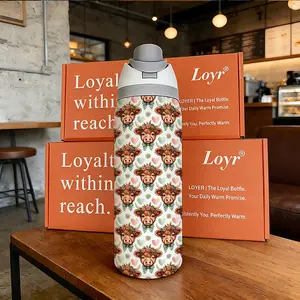 Loyr 32oz Dual-Drink Water Bottle, Heart Highland Cow Pattern Large Capacity Vacuum Insulated Tumbler, Stainless Steel Sports Bottle for Men Women