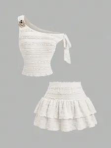 Women's Bow Tie Top Short Sleeve Blouse & Metal Buckle Decorative Sweet Mini Ruffle Skirt Two-Piece Set, Spring Summer Beach Vacation