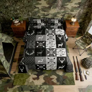 Camo Deer Antlers Comforter Set All Season Animal Arrow Silhouette Bedding Set s Rustic Cabin Microfiber Kids Bedclothes Lattice Bedroom Decor Duvet Quilt Breathable