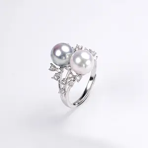 LiushaBay saltwater culture pearls akoya pearl  S925 Silver double pearl opening ring Pearl Size 8-9mm