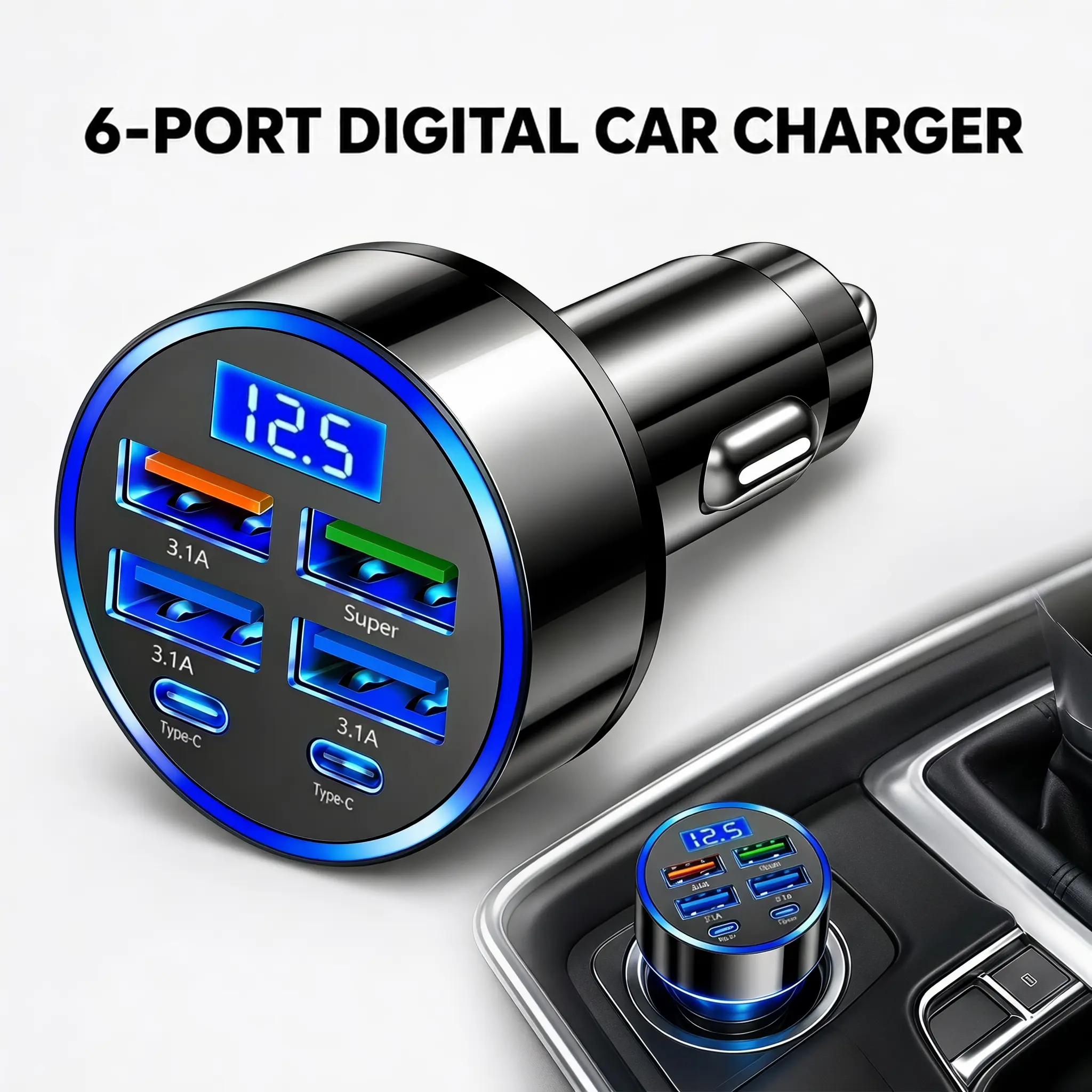 Multi-Port Car Charger with LED Voltage Monitor | 4 USB + 2 PD Cigarette Lighter Adapter | Universal Fit for Mobile Devices & Tablets-YY