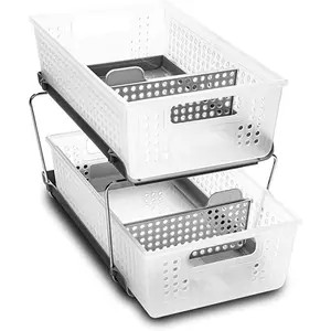 2-Tier Organizer, Multi-Purpose Slide-Out Storage Baskets with Handles and Dividers Adjustable Bath