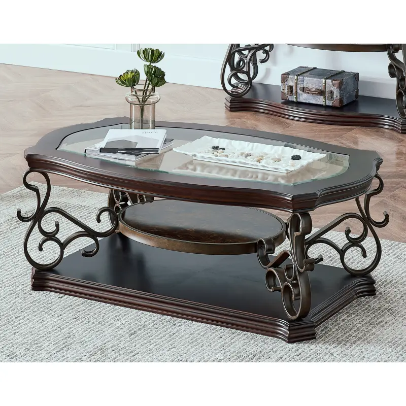 Outdoor Rustic Traditional Cocktail Table - Glass Top, MDF Middle Shelf with Marble Paper, Powder-Coated Metal Legs, Storage Function, Convertible to Computer Desk, Assembly Required (52"Lx32"Wx20.3"H), Entryway, Birch Veneer, Sofa Table, Storage Shelves