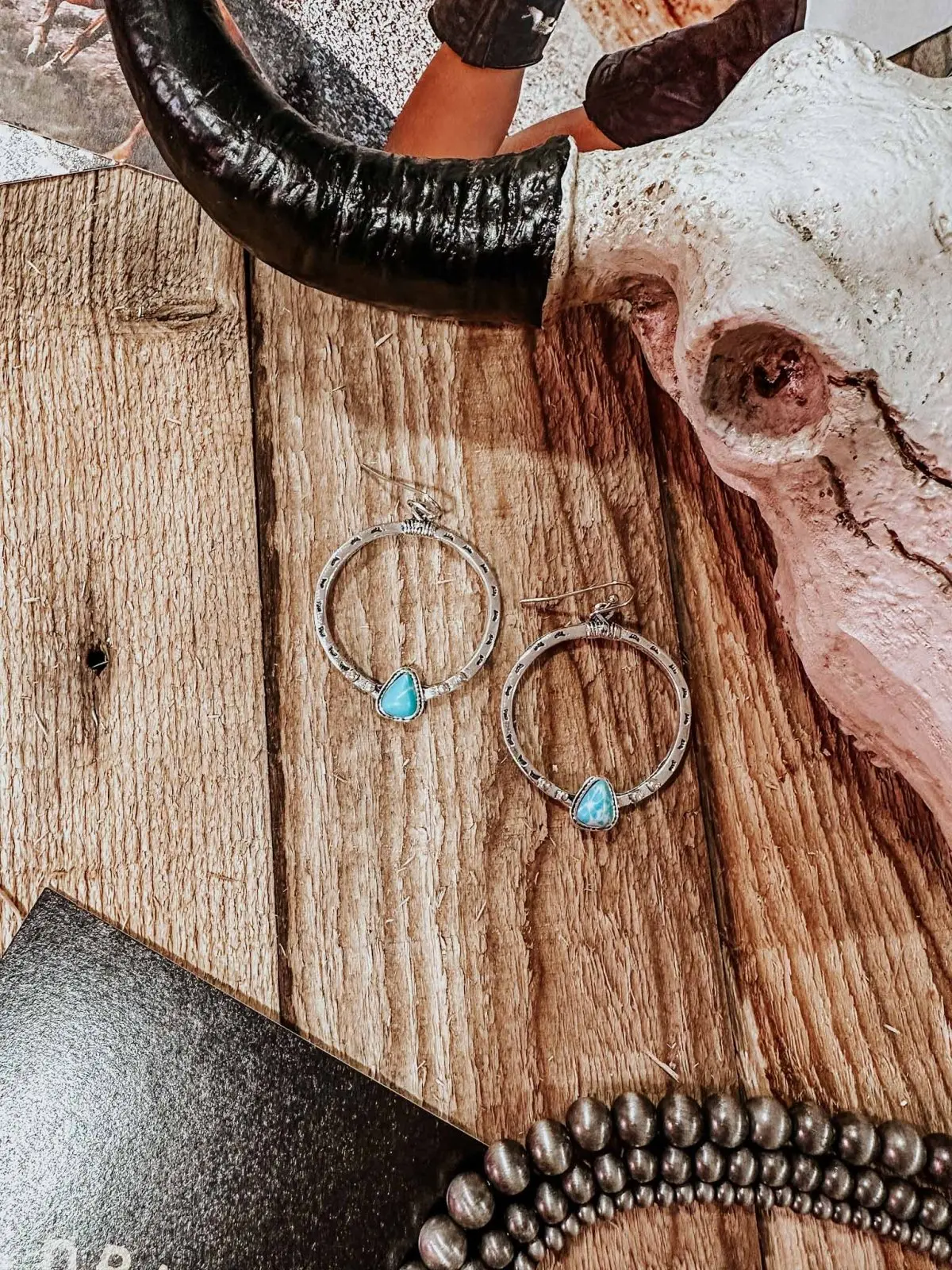 Women's Oxidized Stamped Silver Western Kingman Turquoise Earrings - 2.25 in Statement Hoop Earrings with Pendant, Classic Costume Fashion Accessory, Ideal Gift Option, Approx 2.25" In Diameter, Push Back, Adults, Lead-Free, Urban Cowboy, Chic To Every En
