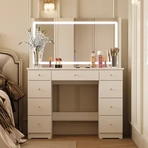 FUFU&GAGA Makeup Vanity Dressing Table with Large Lighted Mirror, Crystal Handles & Glass Tabletop, 9/11 Drawers, Touch-Control 3-Color Modes & Adjustable Brightness LED Strip