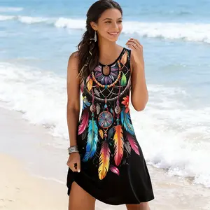 Womens Summer Dress, Colorful Dreamcatcher Print Keyhole Neck Flowy A-Line Mini Dress Plus Size