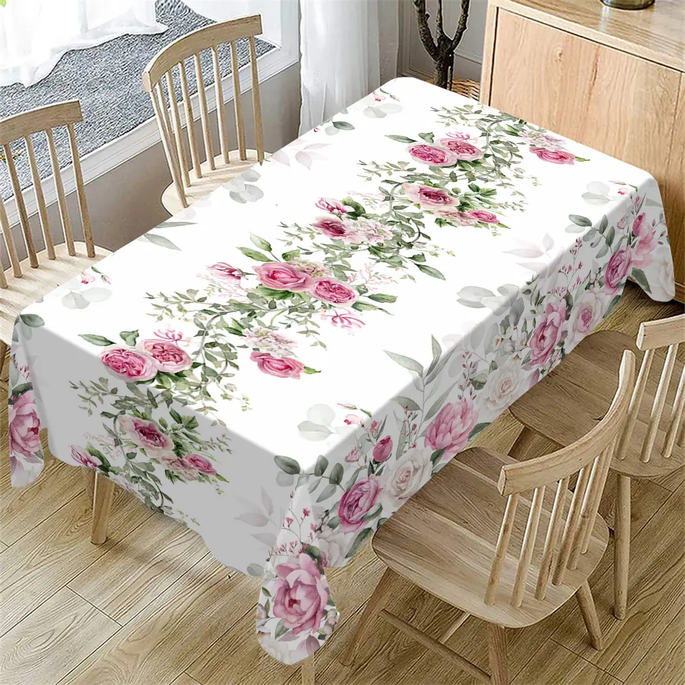 Rectangular Spring Summer Tablecloth, Beautiful Floral Rose Pattern, Home Kitchen Dining Room Decor, Easter Picnic Table Cover and Holiday Celebrations, Rectangle Tablecloth