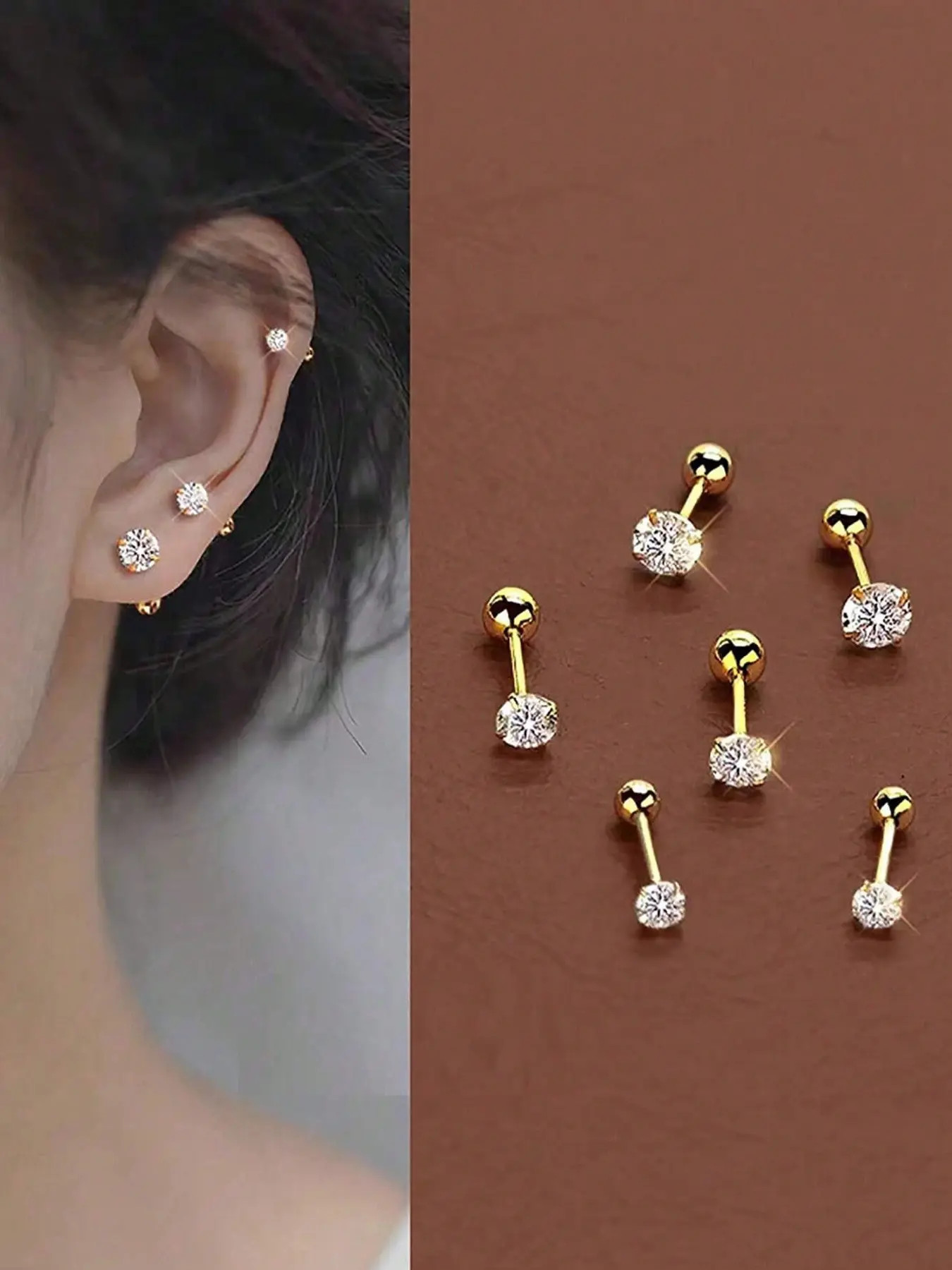 6pcs/Set Elegant Minimalist Ladies Earrings Jewelry, Titanium Steel Inlaid Artificial Zirconia Ear Studs, Shiny & Convenient For Earrings Piercing, Earring Stacking Set, Hypoallergenic Jewelry, Fashion Ear Jewelry, Stud Earring Pack