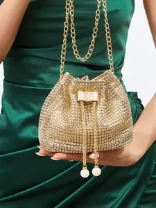 Women's Lightweight Rhinestone Bucket Bag, Business Casual Drawstring Design, Fashionable Elegant Evening Bag, Perfect for Parties, Shoulder Purse