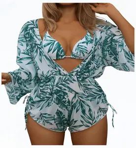 WF-2025Hot Selling Women's  Summer 3 Piece Swimsuits Tropical Print Bikini Set Halter Drawstring Bathing Suits with Cover Up