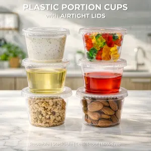 FRESHWARE 1 oz Plastic Portion Cups with Lids - 100-Pack, Leakproof, Eco-Friendly Disposable Kitchen Containers for Business Use, Ideal for Sauces, Anniversary, Baby Shower, Birthday Events