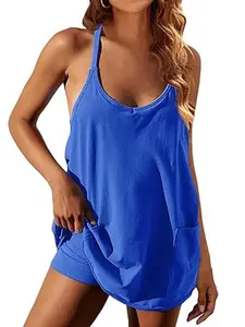 JIAJIA Women's sporty sleeveless mini dress with built-in shorts for summer V-neck Italian-style wrap-around bag pocket short-sleeved spring casual set Womenswear Aesthetic Everyday Outfit Basic Minimalist